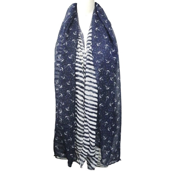 Blue and white beachy coastal nautical scarf with anchors and stripes - Picture 3 of 4